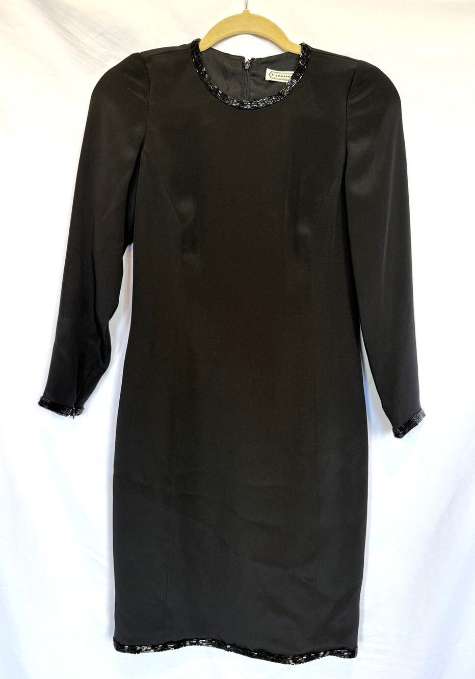 Vintage 90s Carolina Herrera LBD Cocktail Dress Black Bead Trim Classic Demure 4